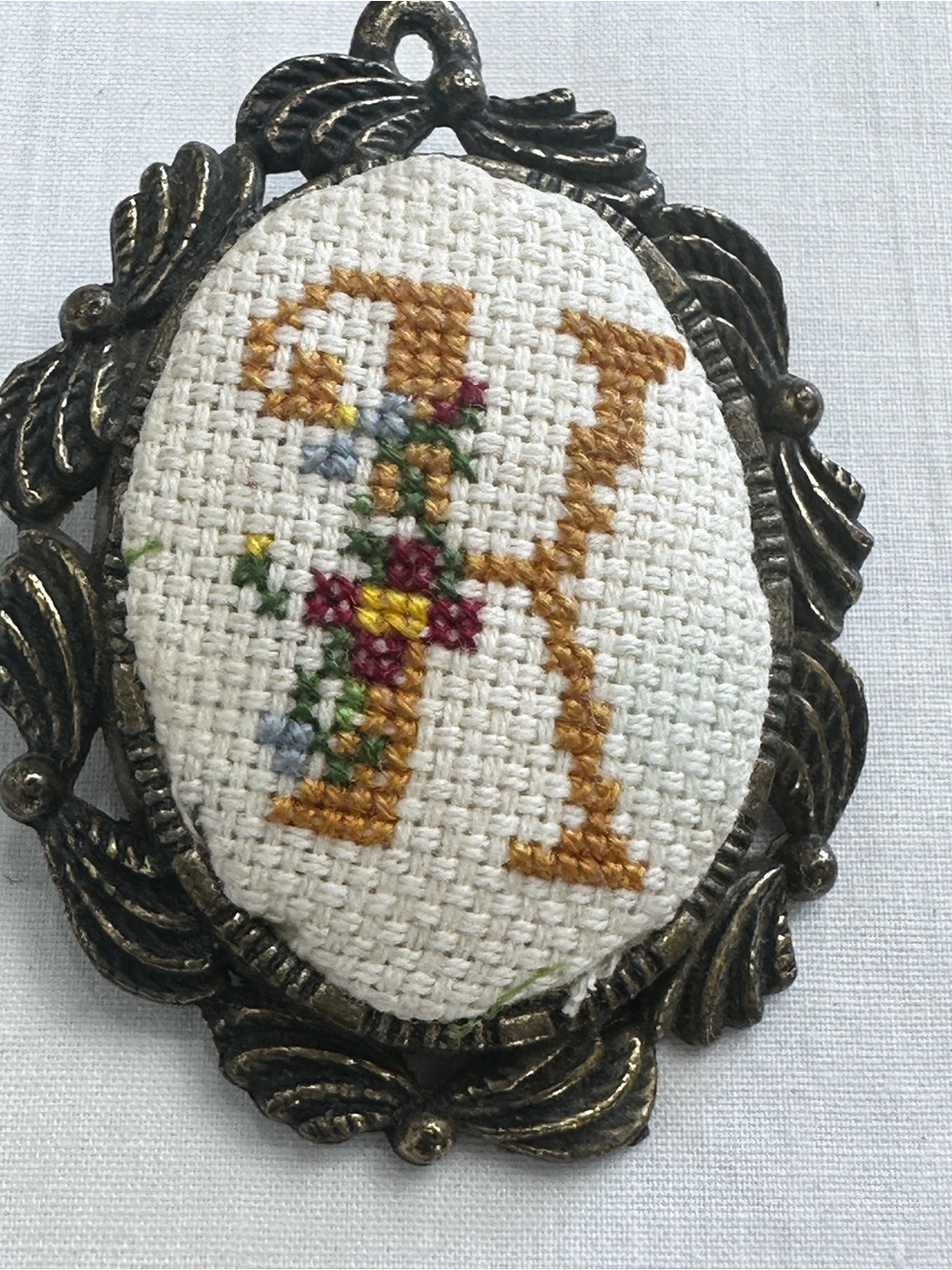 Embroidered Initial 'K' Floral Cross-Stitch Pendant - Gold & Cream